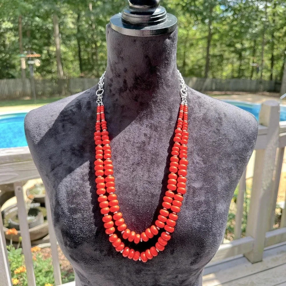Multiple Looks 3 Strand Orange & Silver Long Statement Necklace Premier Designs - Picture 9 of 16